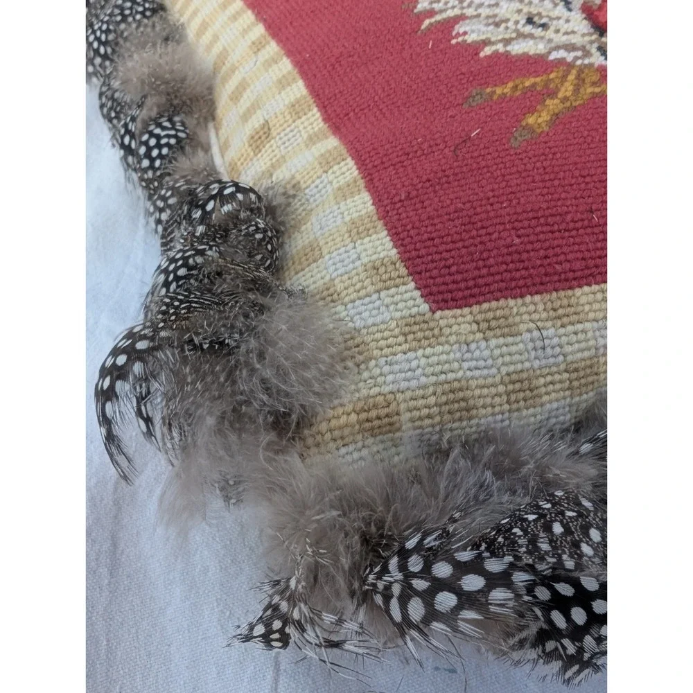 Square Needlepoint Chicken Rooster Pillow Trimmed In Real Feathers Farmhouse